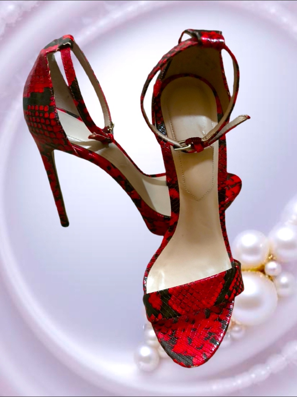 Aldo Red Snake-Print Stiletto Sandals with Ankle Strap